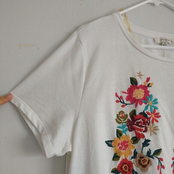 Umgee Embroidered T Shirt Dress XL White Floral Short Sleeve Shift Tunic Mini - Picture 2 of 7